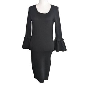 Nina Leonard Dress Long sleeve sheath rib knit Size Small Black Bell cuff